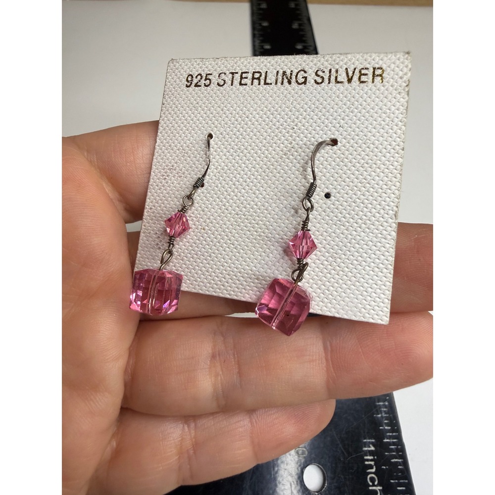 925 Sterling Silver Pink Glass Cube Bicone Bead Dangle Drop Earrings